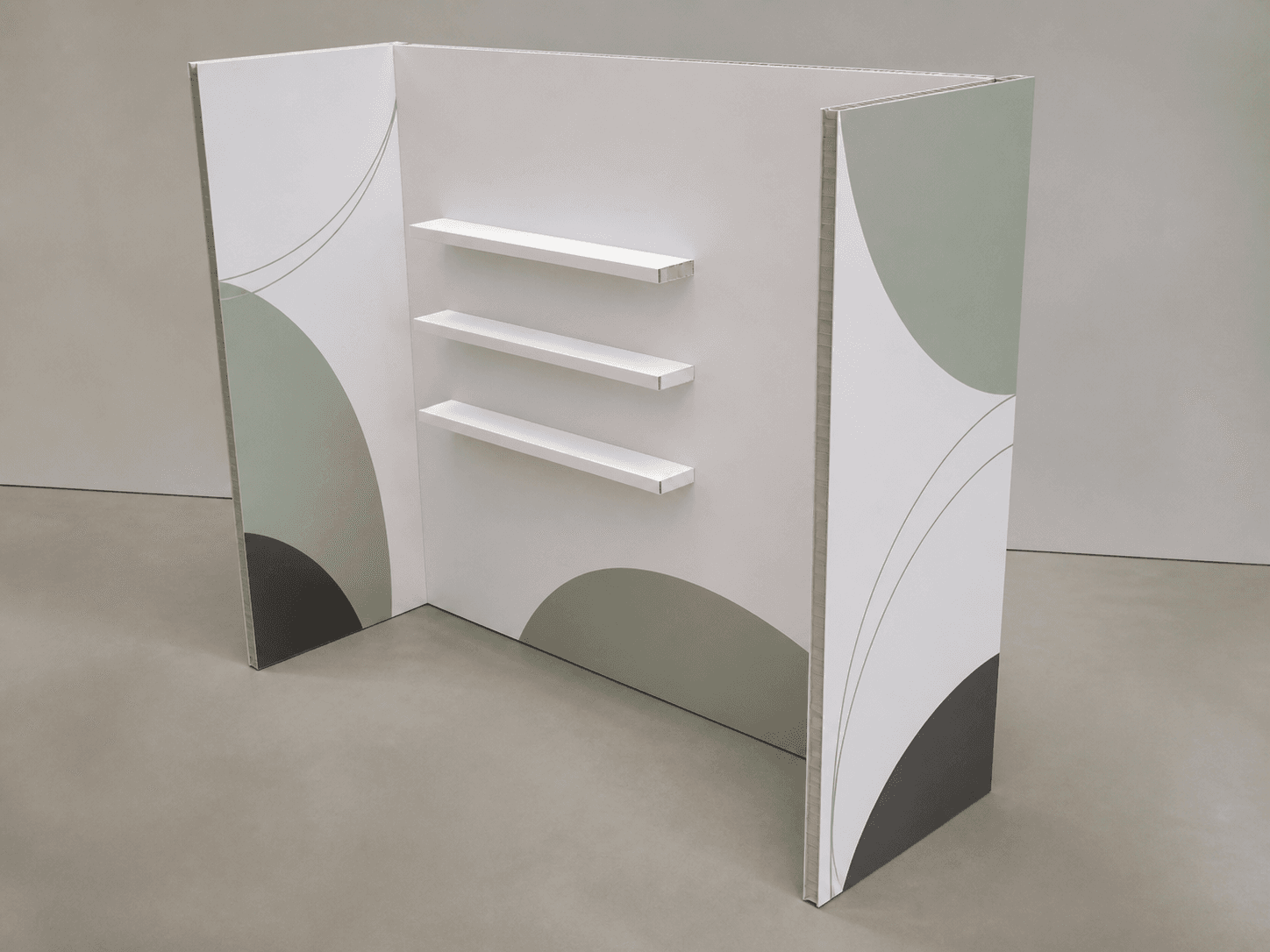 Three-panel paperboard display wall with narrow shelves