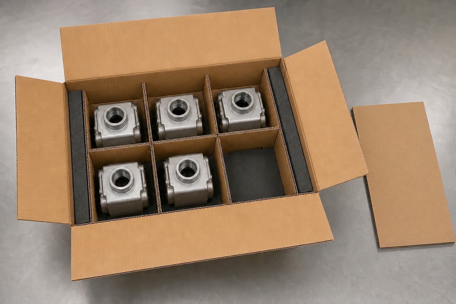 Open corrugated case with a partition grid, foam pads, and machined parts