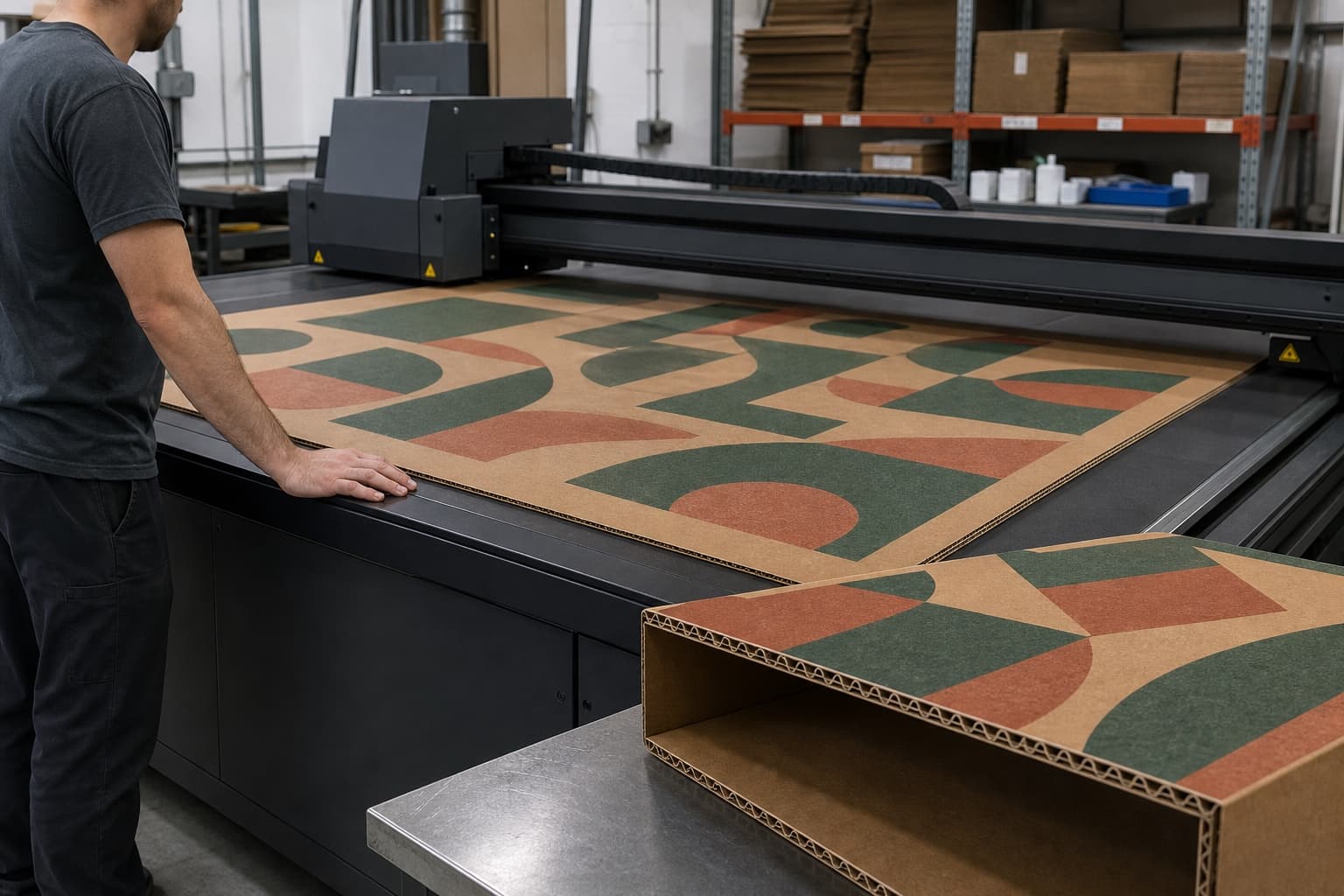 Corrugated sheet being printed on a wide-format flatbed press