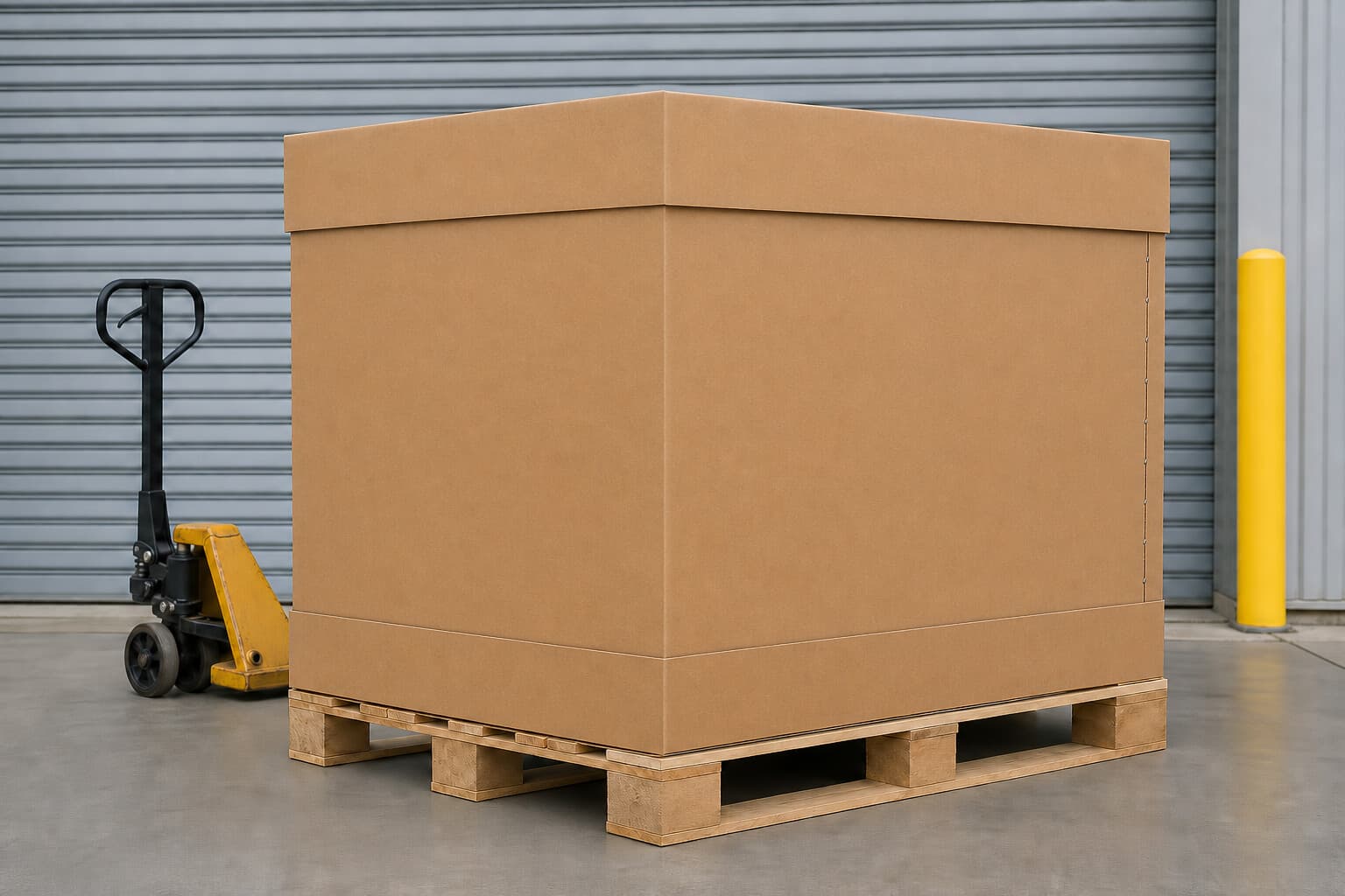 Closed pallet-scale corrugated case on a timber skid