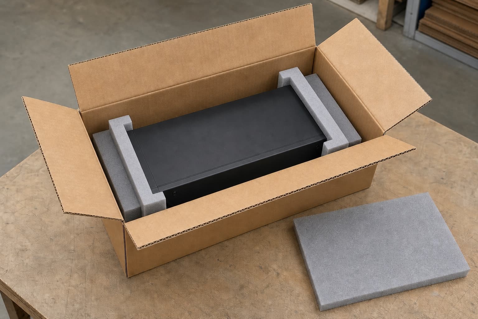 Open corrugated protective pack with fitted foam end caps