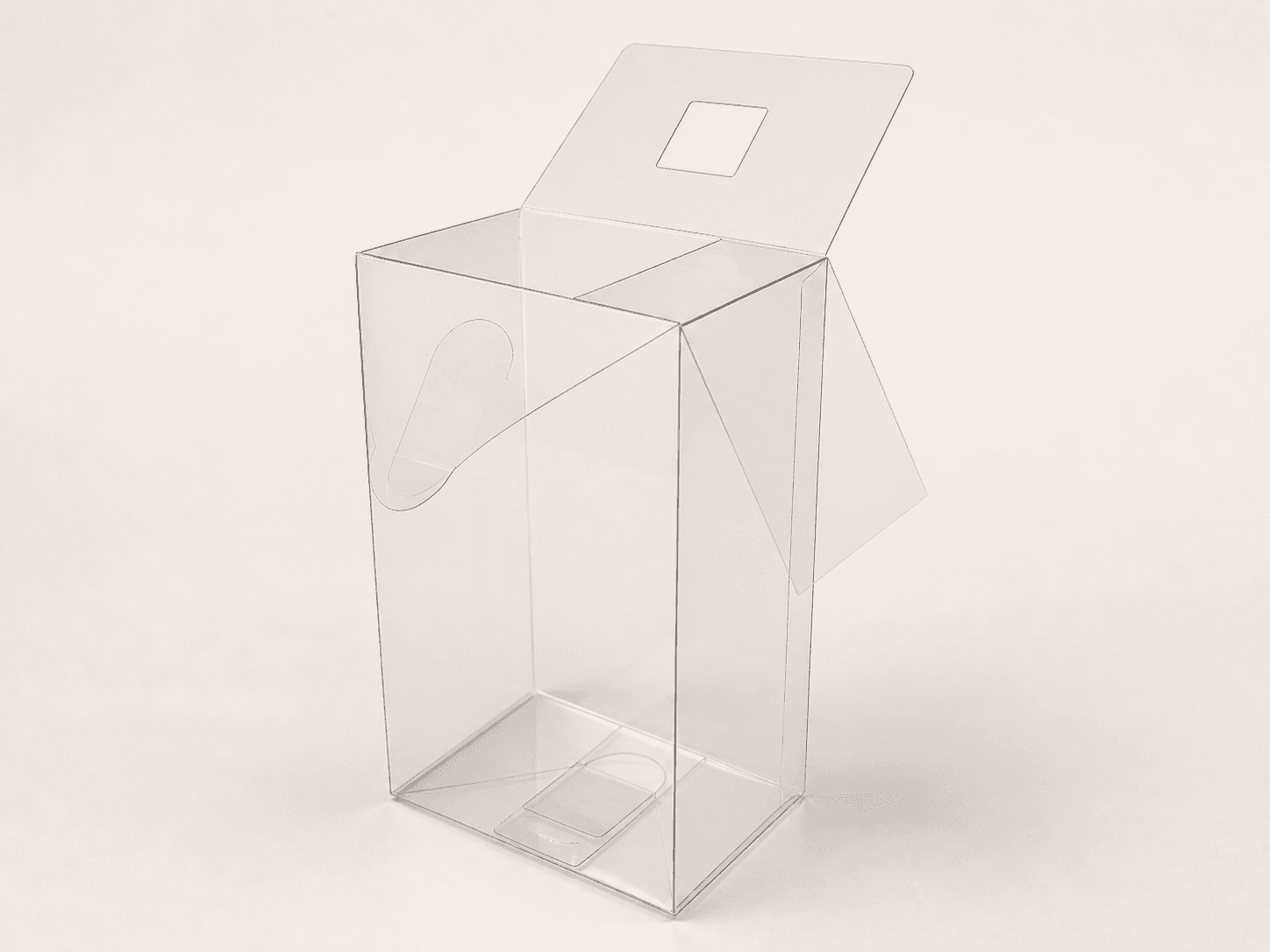 Open clear formed plastic carton on a neutral studio background