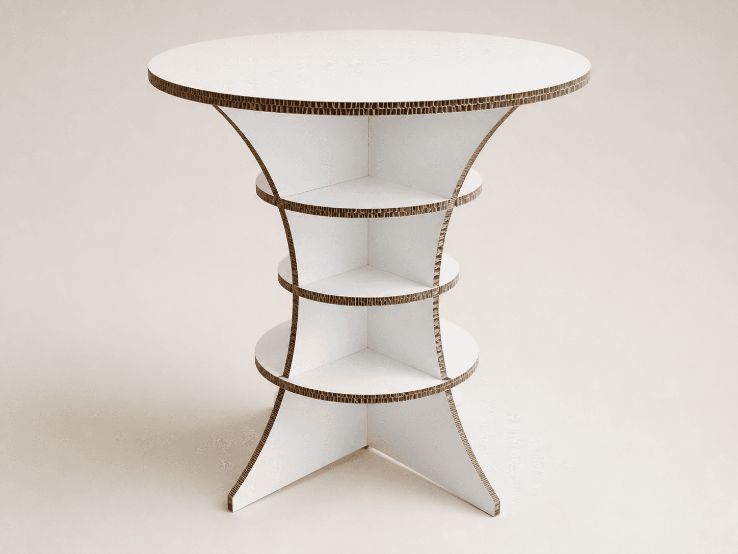 Round display table made from thick white paperboard with exposed paper core edges