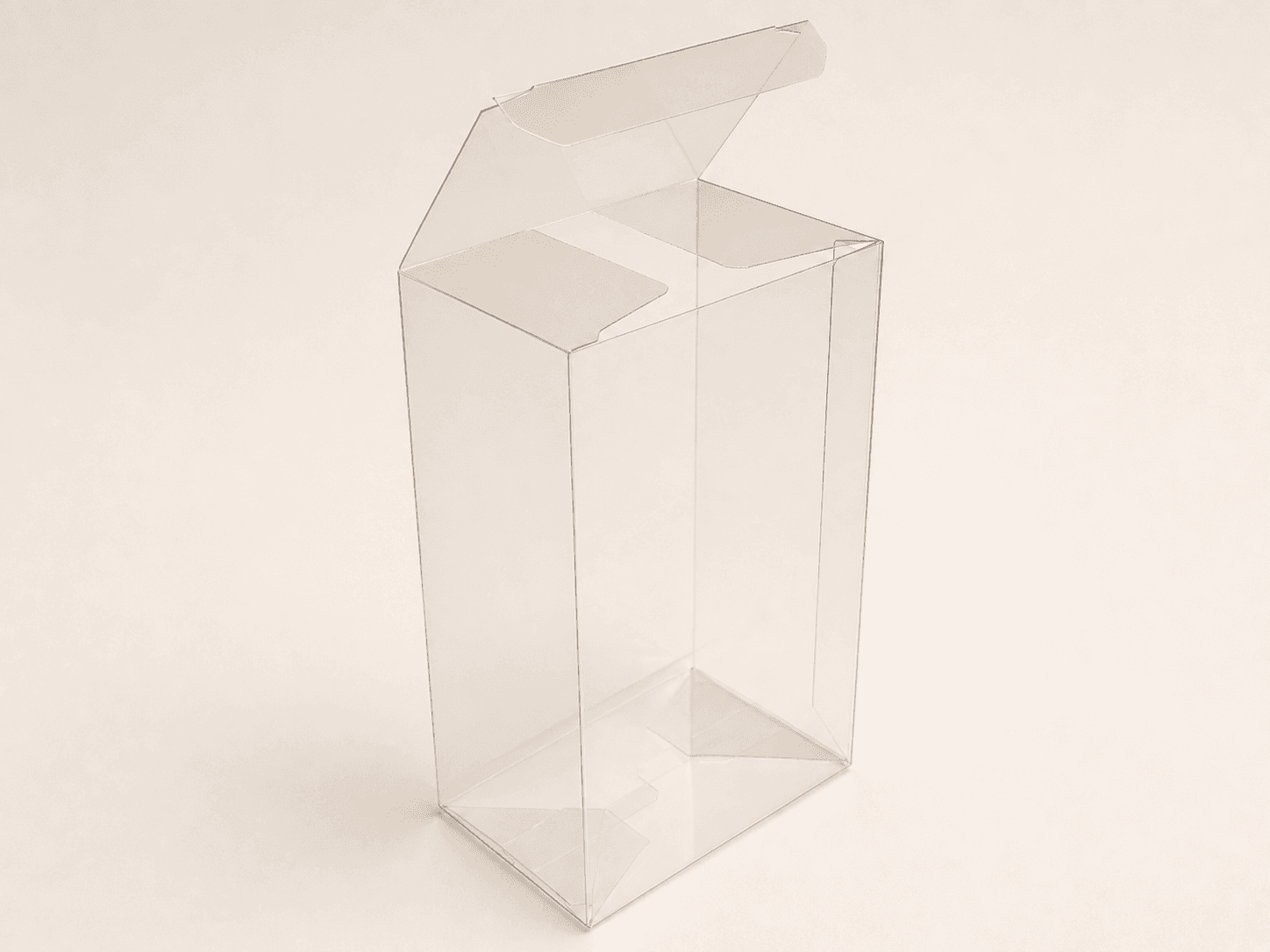 Clear rectangular carton with two visible internal sections
