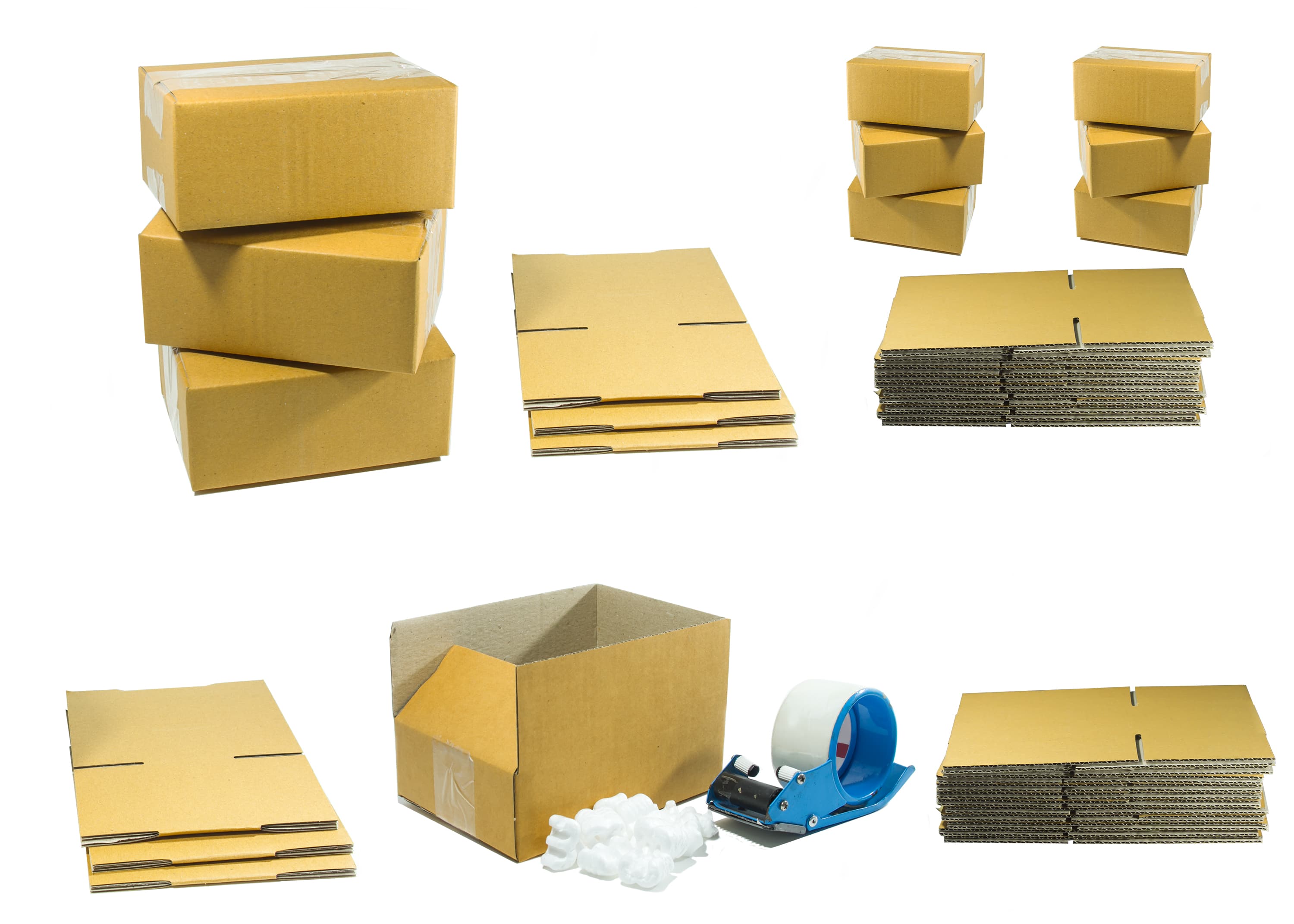 Corrugated boxes, flat blanks, packing material, and packing tools