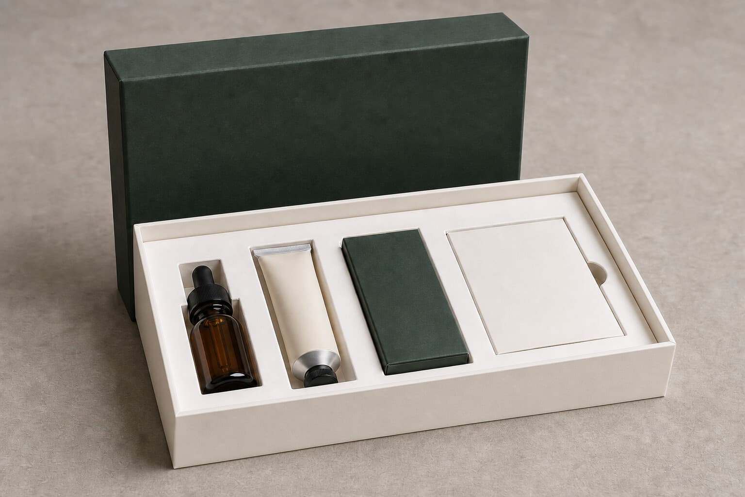 Open rigid presentation kit with four fitted product compartments