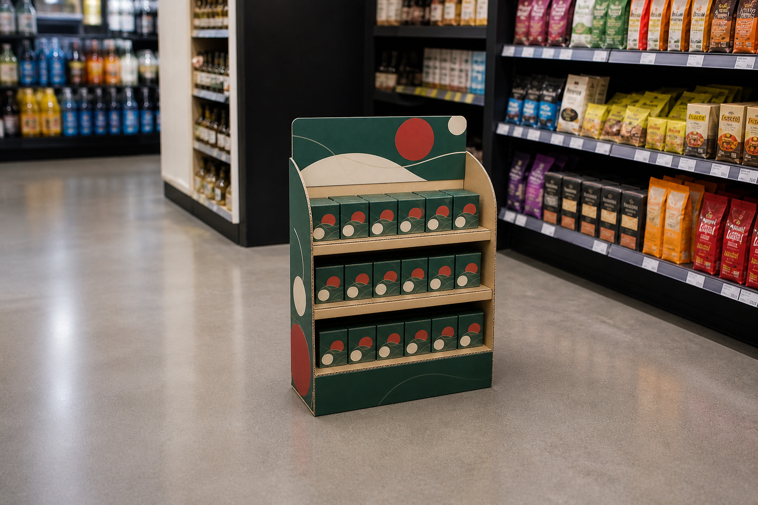 Printed corrugated retail display filled with packaged products