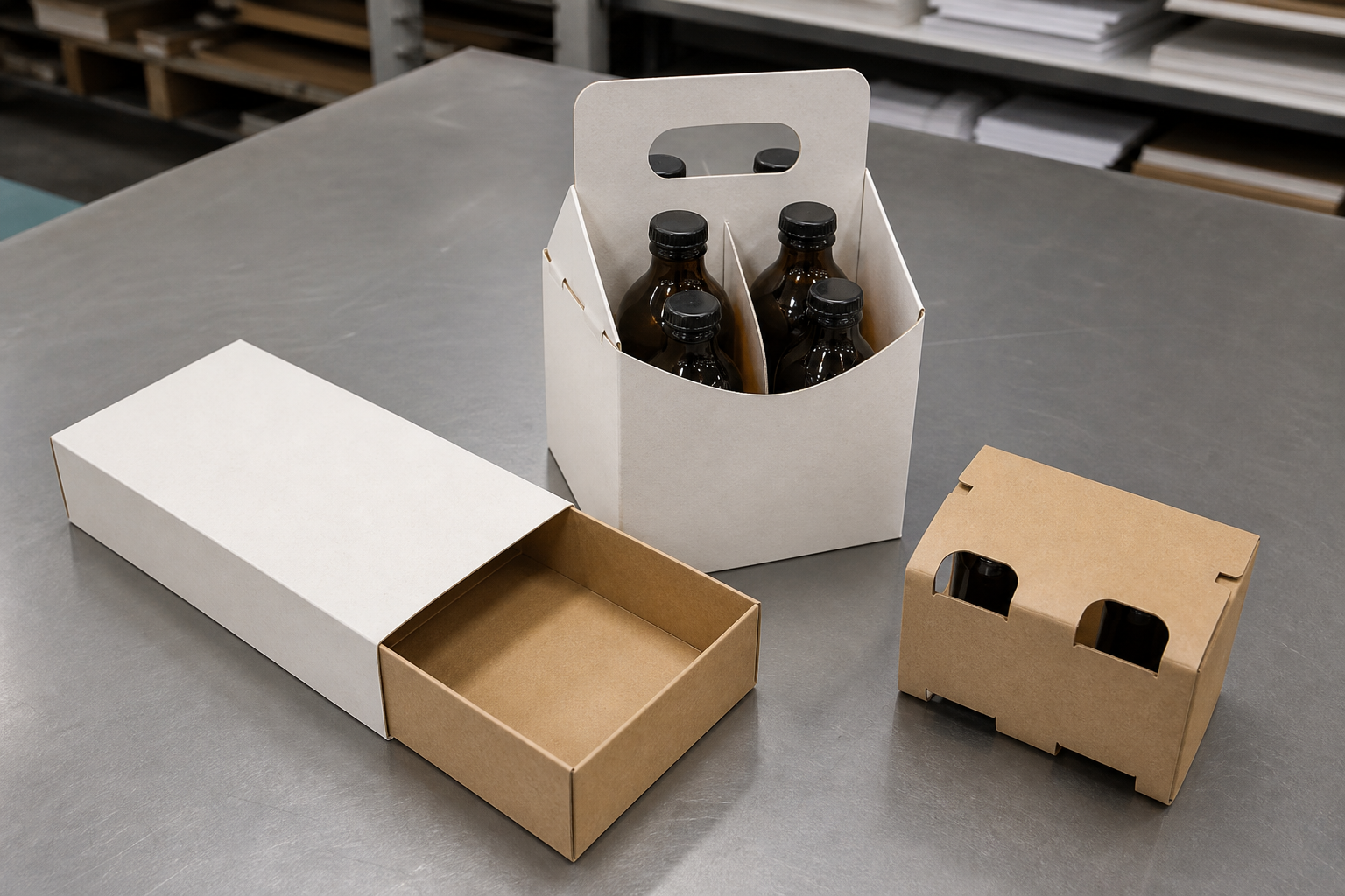 Solid-paperboard sleeve, four-bottle carrier, and multipack samples