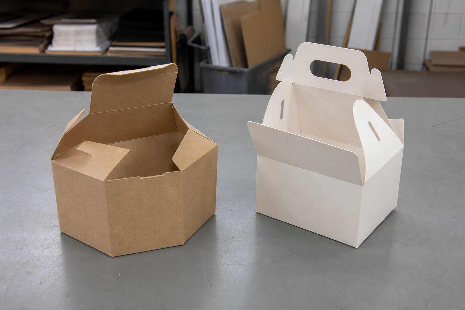 Hexagonal and handled solid-paperboard folding-carton samples