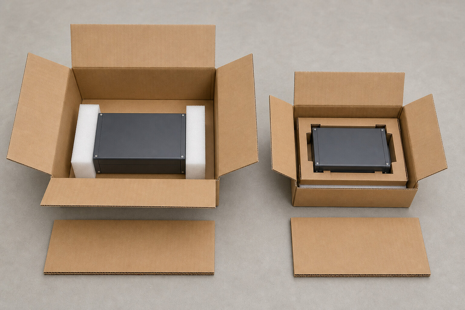 Existing and revised corrugated protective packages shown side by side