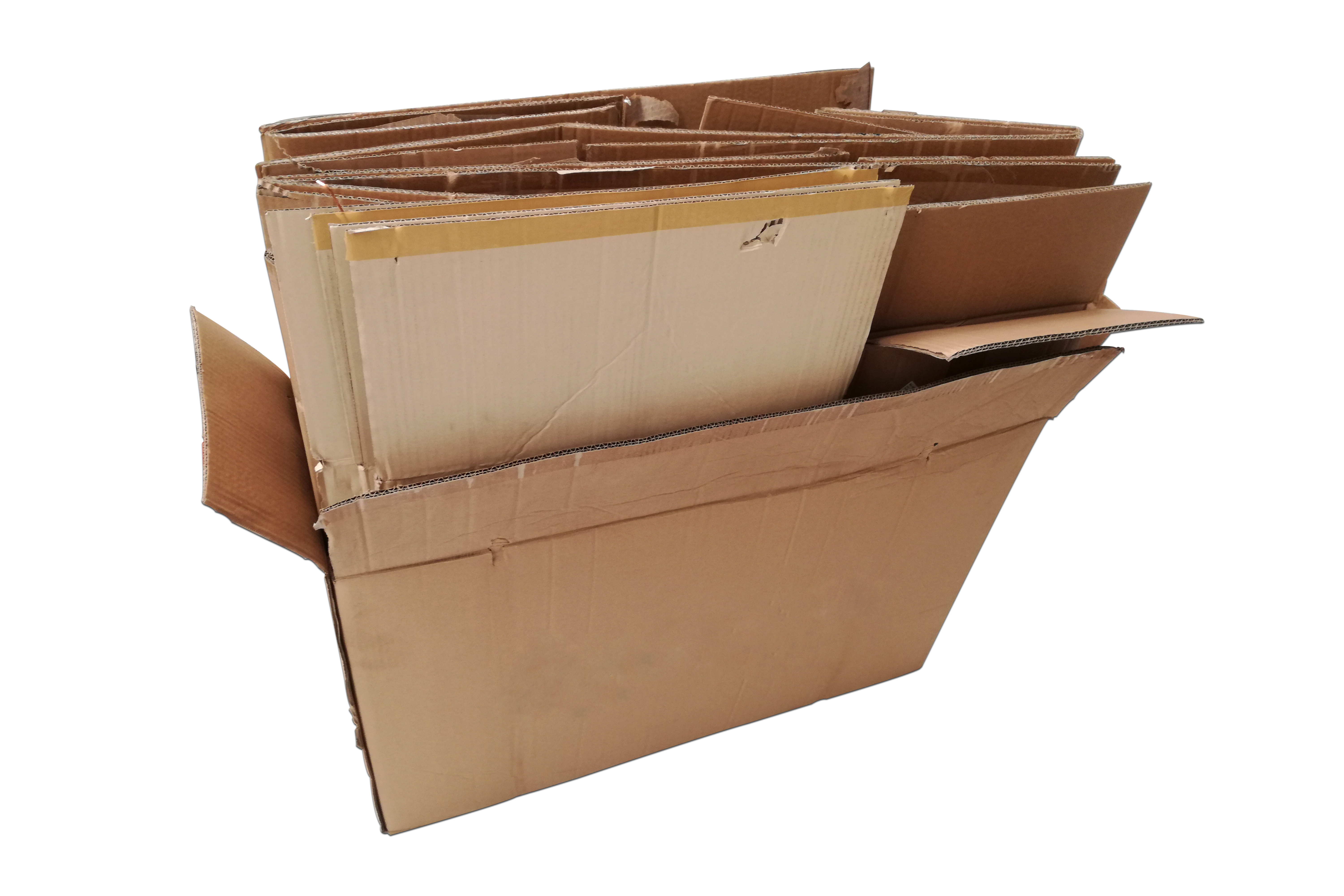 Flattened used corrugated shipping boxes